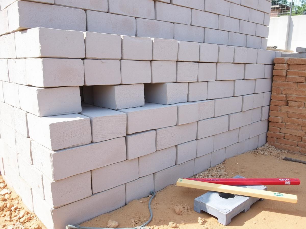 Concrete block wall under construction