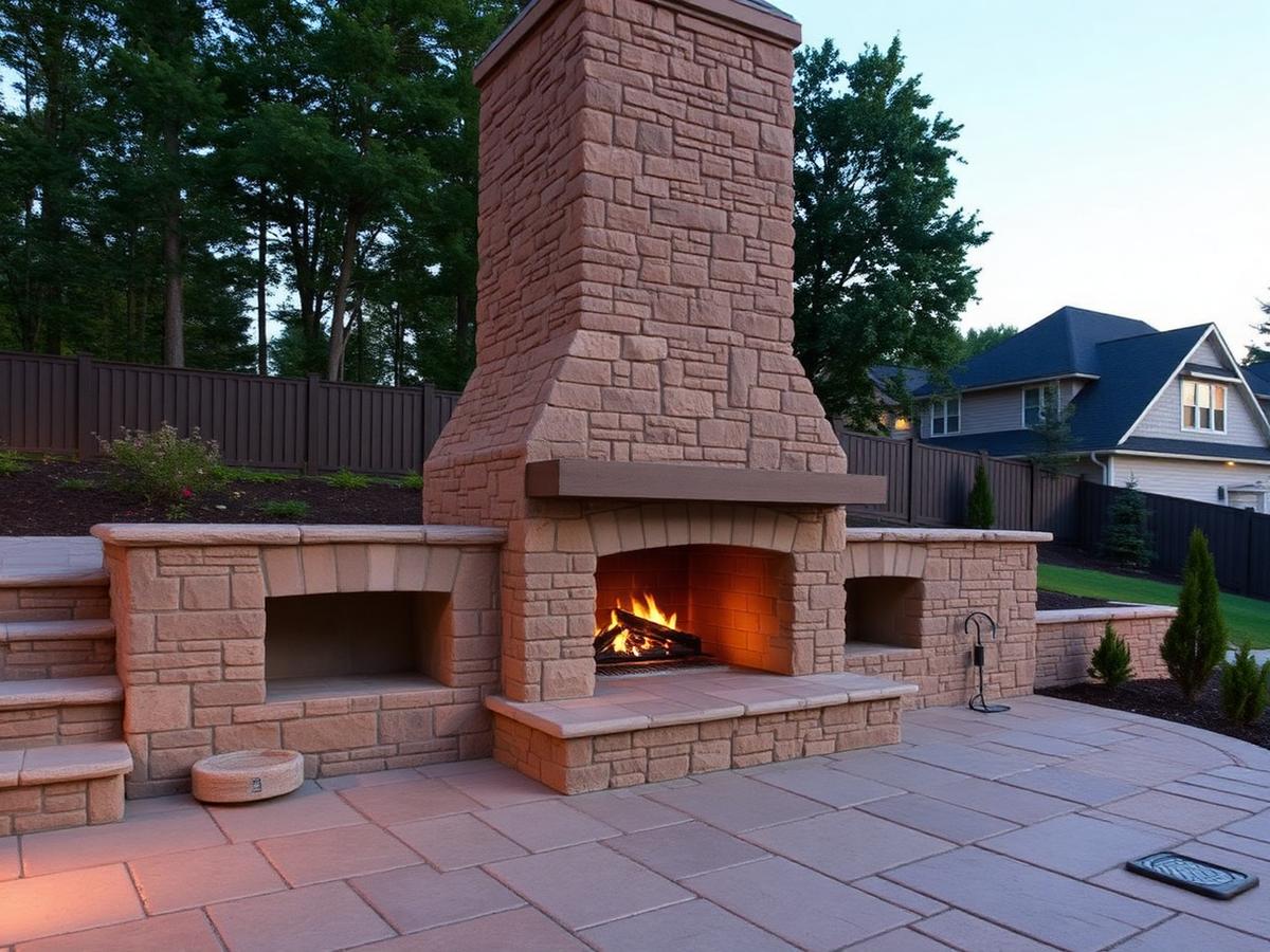 Outdoor stone fireplace with chimney on a patio