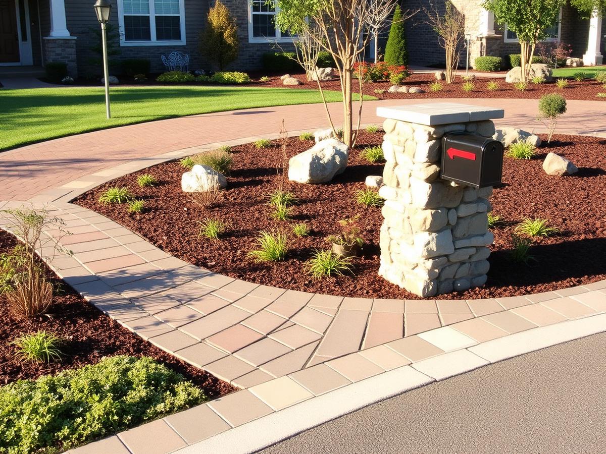Stone mailbox column and paver walkway